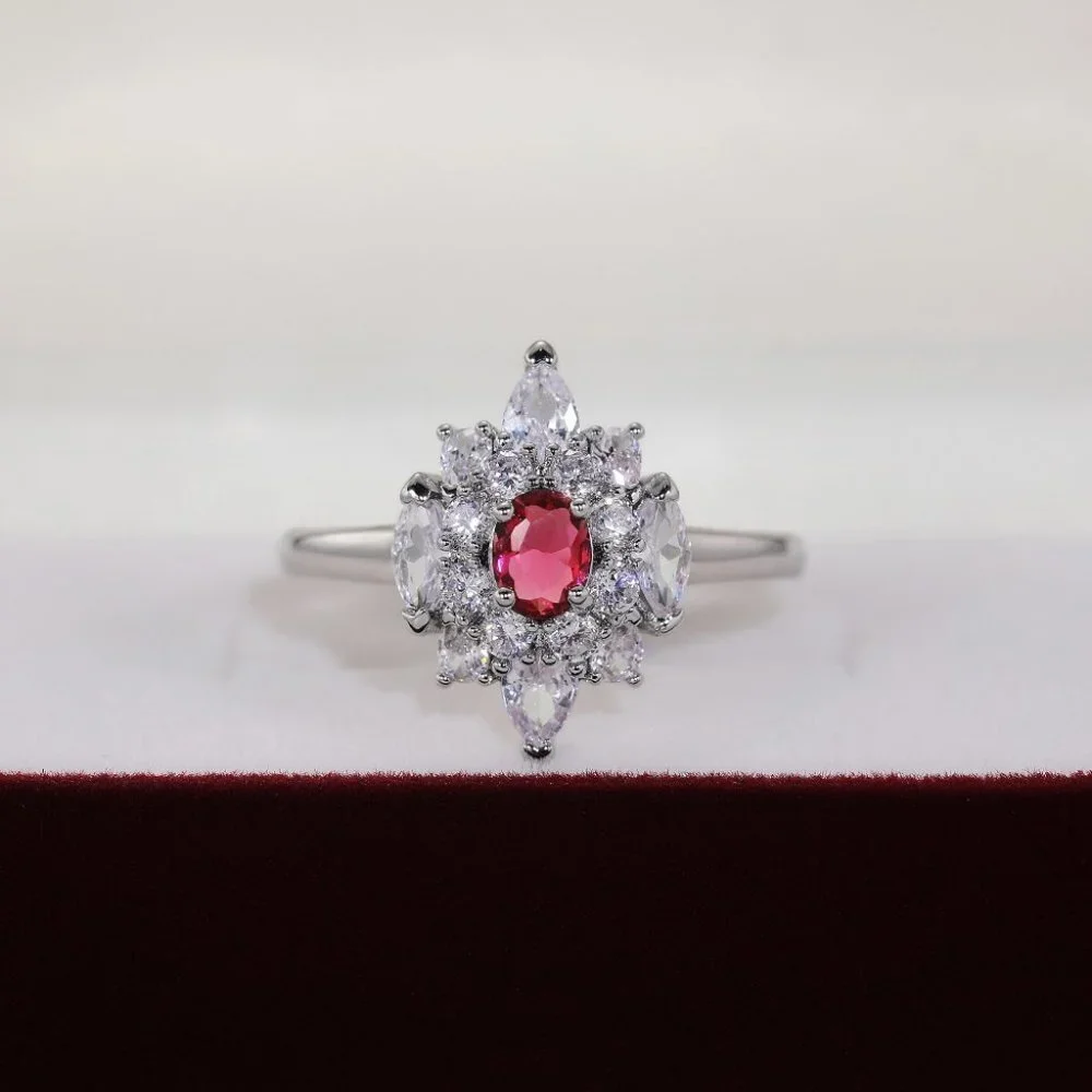 😍LUXURY RUBY OLD MINE DIAMOND NOBLE SILVER SHINY FLOWER DAINTY RING, K920